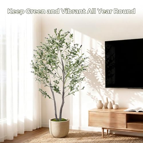 Jocoevol Olive Tree Artificial Indoor 5FT，Tall Faux Olive Tree with White Planter，Realistic Artificial Olive Tree Indoor with Natural Trunk and Lifelike Fruits for Home Office Living Room - size: 5ft