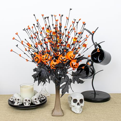 12 PCs Gothic Halloween Flowers Artificial Orange Black Stems Spooky Halloween Floral Picks with Candies Corn Smiling Pumpkins for Vase Floral Arrangements Table Centerpieces Decorations