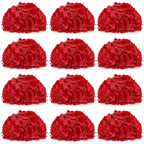 Hydrangea Flower Balls for Centerpieces - 12 PCS Artificial Floral Arrangement with Base, 8 Inch Diameter Fake Silk Kissing Ball for Wedding Table Home Party Decor - Red - color: Red-8 Inch-12 Pcs, size: Small Size