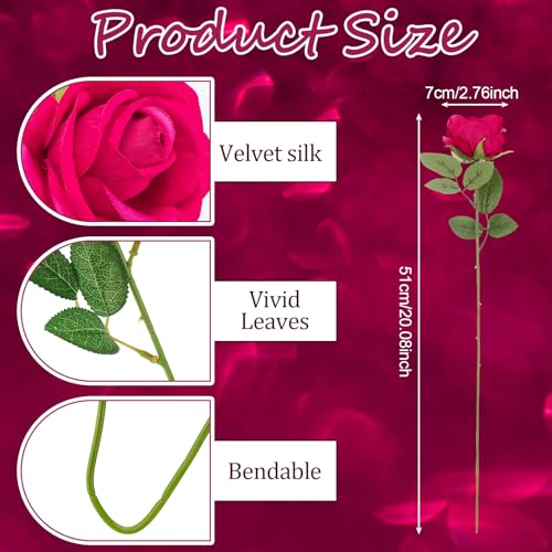 90 Pcs Hot Pink Velvet Rose Artificial Flowers with Long Stems, Fake Silk Roses Real Touch Fake Roses Florals for Birthday Wedding Bouquet Party Arrangement Decorations - color: Hot Pink