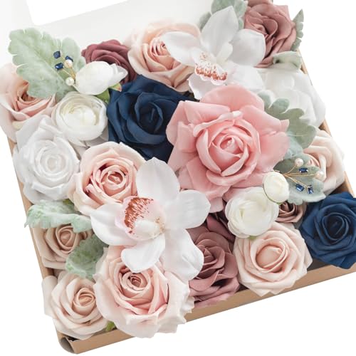 Ling's moment Fake Flowers Box, Faux Artificial Greenery Stems Foam Roses Silk Orchid Ranunculus Fabic Flower for Centerpieces Bouquet Wedding Vase Decorations, Dusty Rose & Navy, Grand Combo - color: Pk-dusty Rose & Navy, size: Grand