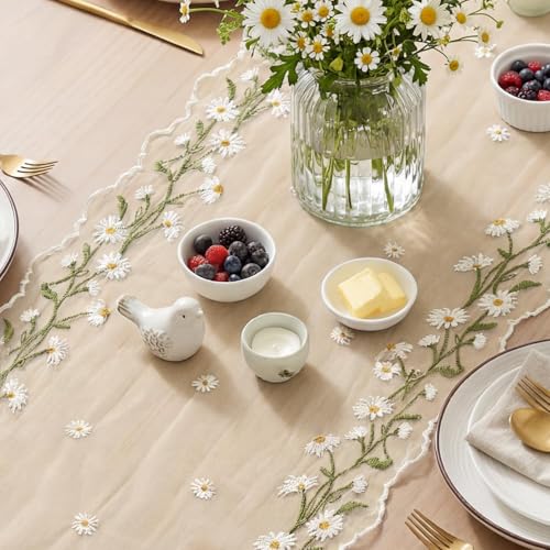Artoid Mode Daisy Floral Beige Apricot Shaped Gauze Embroidery Table Runner 120 Inch 10FT, Tulle Spring Summer Kitchen Dining Table Decor for Home Party - color: Beige Apricot
