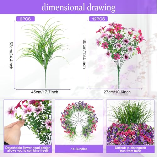 Artificial Flowers,14 Bundles UV Resistant Fake Flowers Daisy with Greenery Plants Wheat grass,Faux Outdoor Flowers for Spring Summer Decoration, Outdoor Faux Plants Home Window Porch Patio Yard - color: Purple Red Powder
