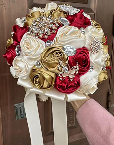 5.9" Mini Bridal Bouquet Handmade Satin Rose Round Wedding Bouquet Throw Toss Artificial Flower Bunch Dark Red + Pale Gold + Cream - color: Dark Red/Pale Gold/Cream, size: 5.9"/15cm