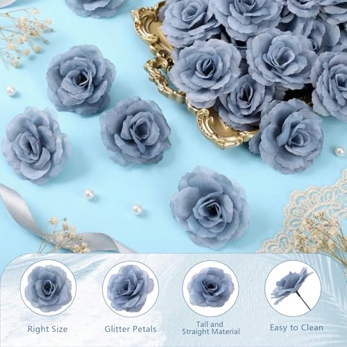 Yunlly 100 Pcs Artificial Flowers Fake Silk Roses Long Stem Rose Bouquet Wedding Party Home Decor for DIY Baby Shower Centerpieces Tables Home Decorations (Dusty Blue) - color: Dusty Blue