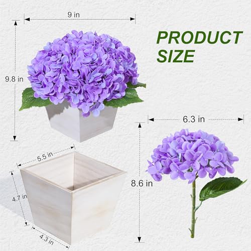 Artificial Hydrangea Flowers Arrangement in Wood Planter, 4PCS Fake Purple Flowers in Wooden Vase Potted Floral Centerpieces for Tables Living Room Home Office Room Shelf Kitchen Decor - color: Light Purple Hydrangea