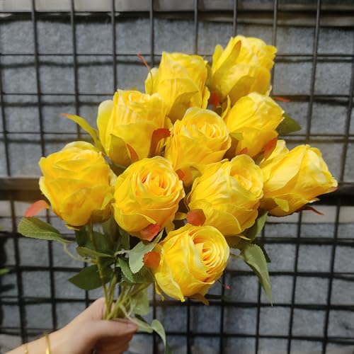 Artificial Roses 10 Pcs - Lifelike Single Stem Fake Roses with Natural Petal Texture,Fade-Resistant Silk Flowers for Wedding Decor,Home Vase Arrangements,Party Centerpieces(10, Yellow) - color: Yellow