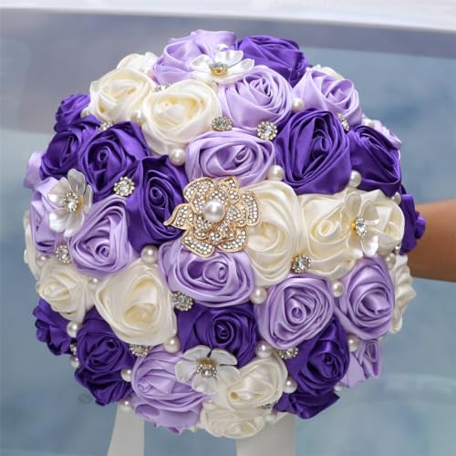 MaxxCloud 9.4‘’ Handmade Romantic Toss Bouquet for Bride Stunning Bridesmaid Brooch Wedding Bouquet with Jewelry Petals 2 Purple and Ivory - color: 2 Purple+ivory, size: 9.4''/24cm