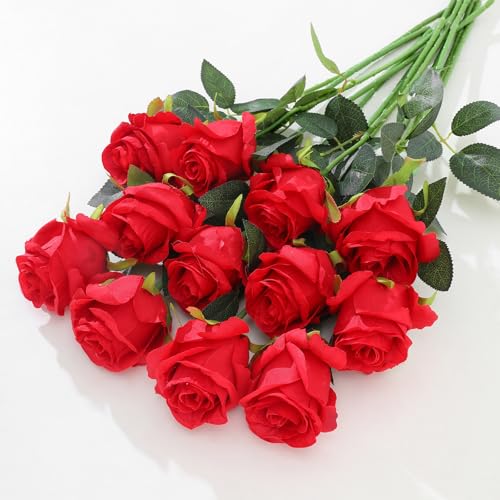 12Pcs Realistic Fake Red Roses Faux Flowers with Long Stems, Artificial Silk Rose Flowers for Valentines Day Home Wedding Decor Bridal Bouquet - color: Red