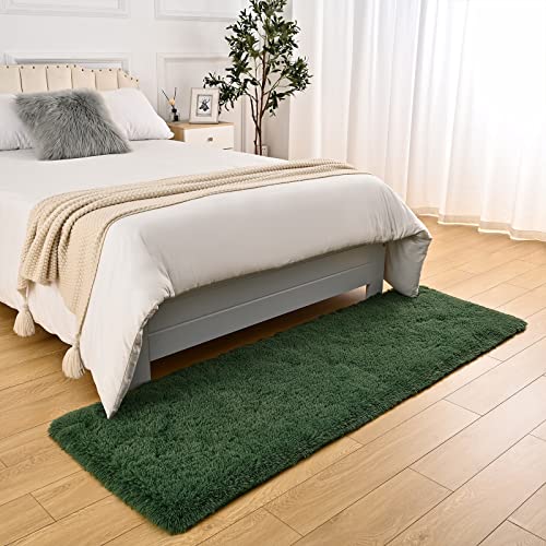 DweIke Fluffy Dark Green Runner Rugs for Bedroom, 2x6 Feet Soft Plush Long Runners for Girls Boys Kids, Non-Slip and Machine Washable Bedside Rug, Small Throw Carpet for Hallway Rooms Decor - color: Dark Green, size: 2 Ft X 6 Ft