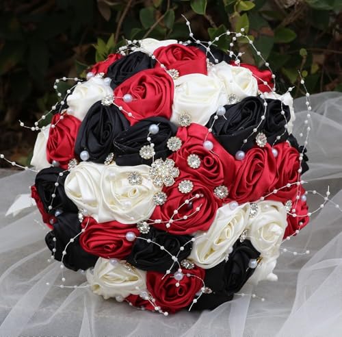 Ujicde Romantic Wedding Bouquet Bridal Bridesmaid Round Bling Brooch Bouquet Throw Toss Artificial Rose Flower Bunch with Sparkle Rhinestone Crystal Decoration(Red Black+Ivory,Dia. 6.3"*16cm) - color: Red Black+ivory, size: Dia. 6.3"*16cm