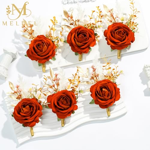 Burnt Orange Velvet Rose Boutonniere for Men,Set of 6,Groom and Best Man Boutonnieres with Artificial Flower,for Wedding Ceremony Anniversary, Dinner Party, Fall Vintage Rustic Marriage Prom - color: 6pcs Orange Boutonnieres