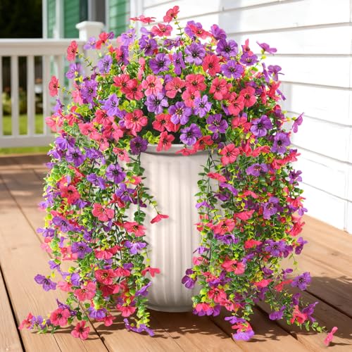 Artificial Hanging Flowers for Outdoors, 2 Pcs Fake Hanging Plant Spring Summer Decoration, UV Resistant No Fade Faux Silk Daisy Flower for Planter Porch Patio Yard Garden Decor(Purple Hot Pink) - color: Purple Hot Pink