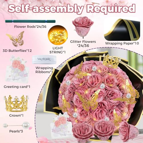 Gold Rose Glitter Roses Bouquet, 36 Pcs Shiny Glitter Flowers Bouquet, Everlasting DIY Artificial Roses Bouquet for Christmas, Birthday, Anniversary, Wedding, Engagement - color: Gold Rose-a, size: 36 PCS