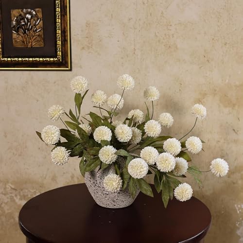 VIERENA 6 Pcs Faux Silk Pompon Mum Artificial Flowers for Vase -27", Bulk Fake Chrysanth Branches with Stems for DIY Bouquet Centerpieces Wedding Fillers Arrangements Shower Decorations (Cream) - color: Cream