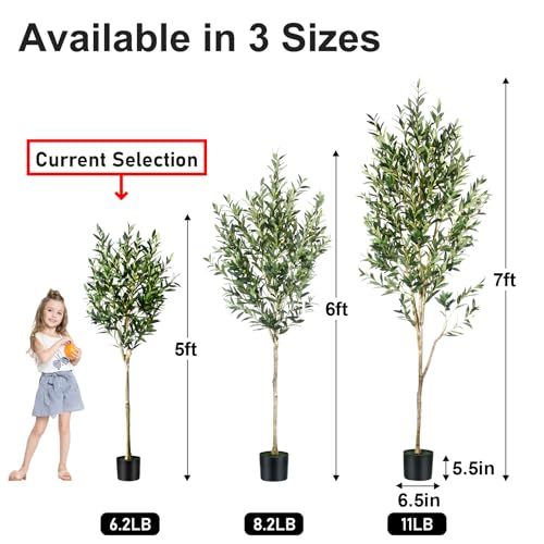 5FT Olive Tree Artificial Indoor - Tall Faux Olive Tree with Wood Trunk and Lifelike Fruits - Fake Plants in Pot for Home Office Living Room Decor - size: 5ft