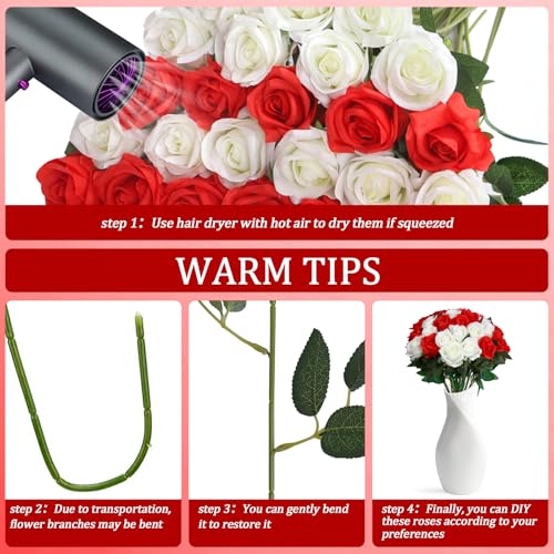 30pcs Fake Roses Artificial Silk Flowers Long Stems Bouquet for Wedding Bridal Shower Party Home Decoration (White + Red) - color: White + Red