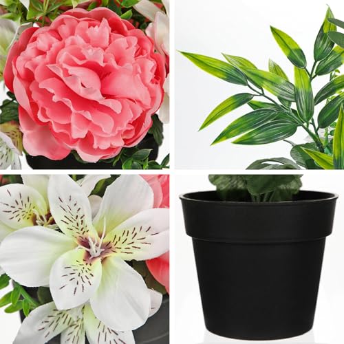 GnFlus Hot Pink Artificial Flowers Small Fake Flowers in Vase Peonies Dahlia Tiger Lily Potted Silk Flower Arrangements Faux Plants & Flowers Home Bathroom Kitchen Table Centerpieces Desk Decor - color: Hot Pink