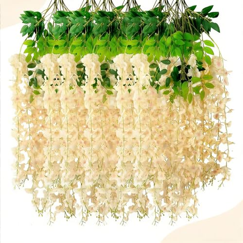HUAHUA Artificial Wisteria Flowers, White Dense Artificial Fake Wisteria Vine Ratta Hanging Garland Silk Flowers String for Home Party Wedding Decor (24pcs Champagne) - color: 24pcs Champagne