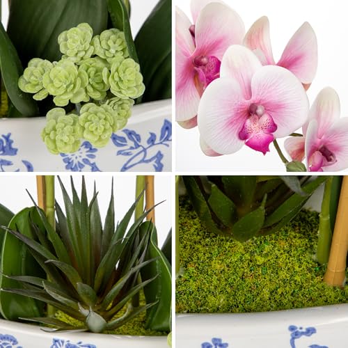 Briful Pink Orchid Fake Flowers 17in Artificial Orchid Silk Flowers in Blue and White Ceramic Vase Faux Orchid Arrangement for Elegant Home Office Room Dining Table Centerpiece Shelf Modern Decor - color: Pink-blue and White Porcelain Vase