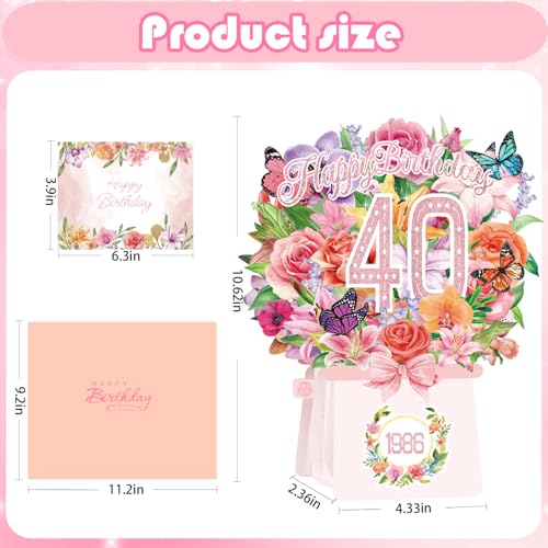 40th Birthday Cards, Light and Music 40 Years Old Happy Birthday Card, Rose Lily Orchid and Butterflies, 10 Inch Forever Flower Bouquet 3D Pop Up 1986 Birthday Gift Card for Women Wife Mom Daughter Sister - size: 1986-40th