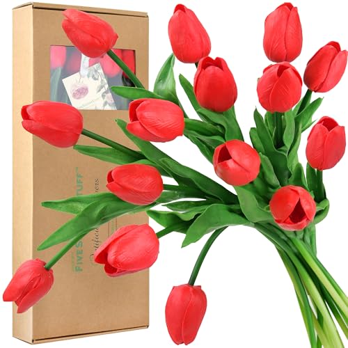 FiveSeasonStuff Real Touch Tulips Artificial Flowers – 15 Stems Faux Tulip Bouquet in Gift Box for Wedding, Home Decor, Party, Floral Arrangements (Scarlett Red) - color: #7 Scarlet Red