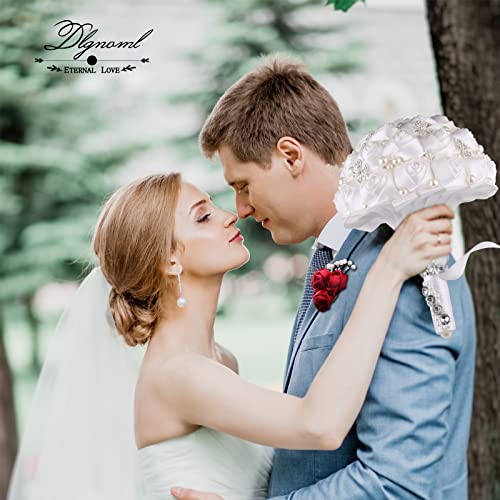 Handmade Wedding Flowers Bridal Bouquets Crystal Bride Holding Bouquet White Ivory Satin Roses with Diamond Pearl Ribbon.(allwhite) - color: Allwhite