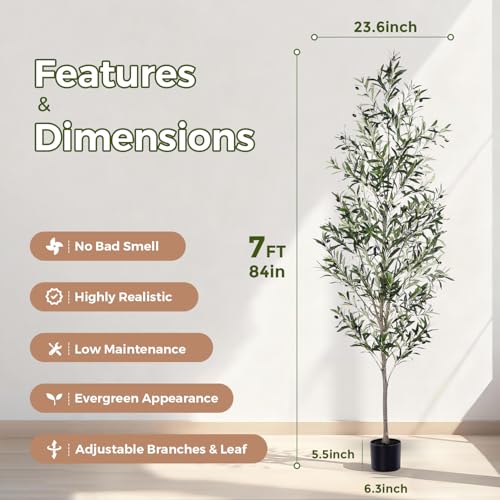 Jocoevol Olive Tree, 7FT Artificial Indoor Tall Faux Olive Trees w/Planter & Natural Wood Trunk and Lifelike Fruits, Fake Olive Artificial Tree for Home Office Decor - size: 7ft