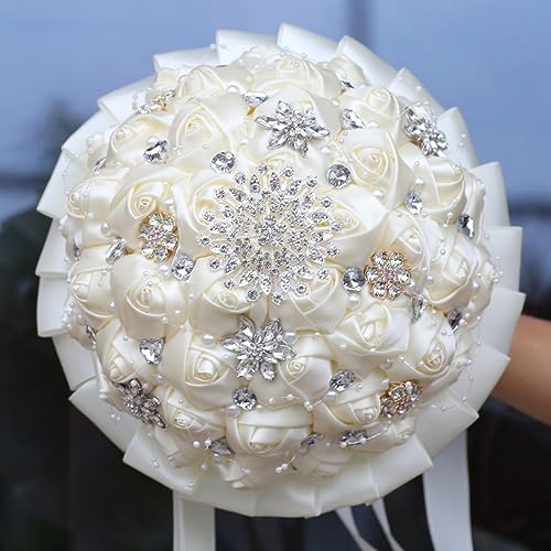 Wedding Bouquets for Bride Bridesmaid Brooch Bouquet Handmade Artificial Flower Tossing Bouquet for Wedding Ceremony Anniversary(Ivory,15cm, 1PC) - color: Ivory, size: 5.9 inches