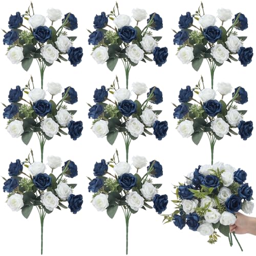 Zeyune 8 Pack Artificial Mini Navy Blue and White Roses 12 Inch Fake Flowers with Stems 80 Small 1.6 Inch Flower Heads Silk Mini Rose Bouquets for Wedding Centerpieces Bridal Bouquets Home Party Decor - color: Navy Blue and White