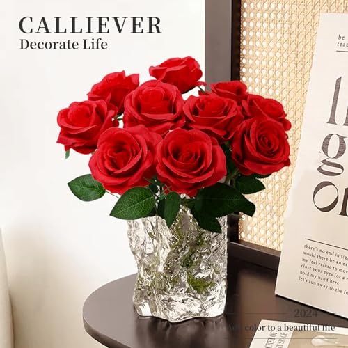 10 Pcs Red Rose Artificial Flower, Faux Silk Flowers With Long Stems, Fake Roses Bulk Bouquet for Decoration Valentine's Day Centerpieces Proposal Bridal Bouquets Shower Party Home Floral Decor - color: Red