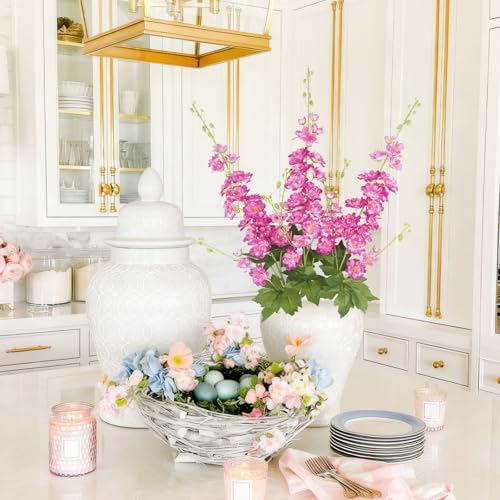 3 Pcs Delphinium Artificial Flowers 40" Long Stem Silk Larkspur Flowers Bulk Magenta Faux Delphinium Stems for Tall Floor Vase Wedding Floral Arrangement Centerpieces Outdoor Home Decor Indoor - color: Magenta