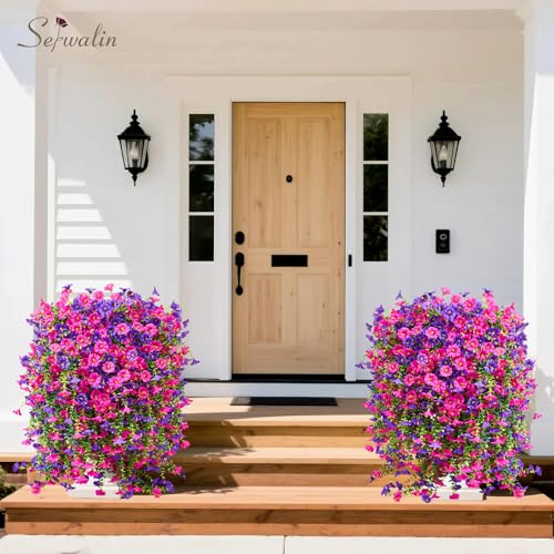 Serwalin Artificial Hanging Flowers for Outdoors Decoration, 4PCS UV Resistant Silk Artificial Fake Plants Outdoor for Porch Patio Balcony Indoor Planter Yard Decor (Purple&Rose Pink,4PCS) - color: Purple&rose Pink