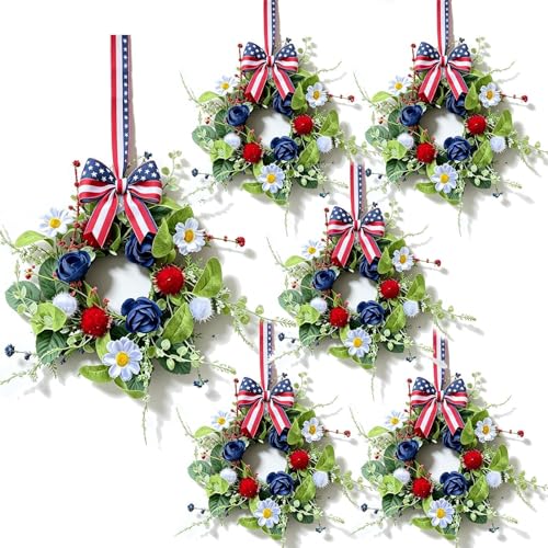 6 Pcs Mini 4th of July Hanging Wreaths for Cabinets with Navy Blue Rose and White Daisy Flowers Artificial Small Independence Day Candle Holder Wreath with Red Stripes for Front Door Window Porch Wall - color: Patriotic-2