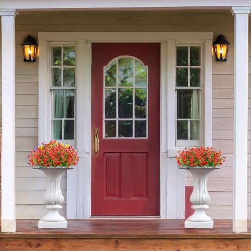 LikSoor 16 Bundles Artificial Flowers Outdoor Spring Summer Decoration Fake Silk Colorful Daisy Eucalyptus Realistic UV Resistant Outside Faux Plants for Garden Porch Window Box Home Decor(Red) - color: Red