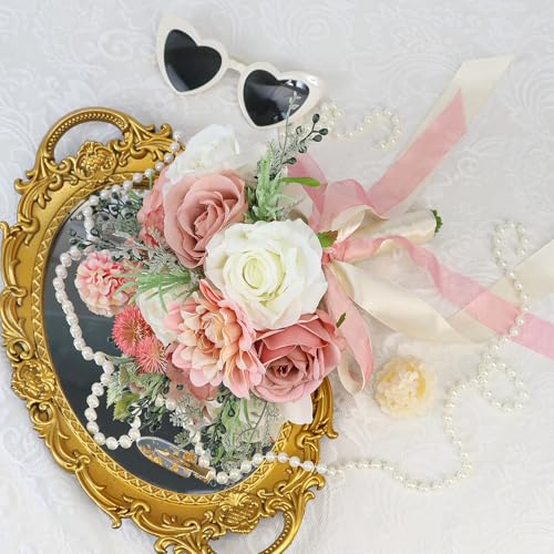 Wedding Bouquets for Bride Bridesmaid 8.5 Inch Dusty Pink Artificial Roses Flowers Bridal Bouquets for Bride Wedding Marriage Proposal Party Church Decoration - color: Pink
