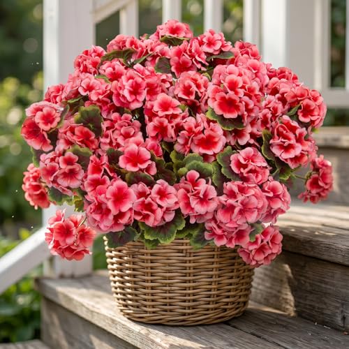 lovemoon 16 Pcs Artificial Geranium Plant Realistic Silk Flowers for Outside UV Resistant Faux Geraniums Flowers for Indoor Outdoor Home Garden Office Decoration (16, Peach) - color: Peach