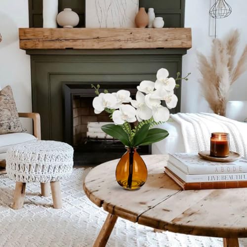 Oairse White Orchids Artificial Flowers, Faux Orchid in Glass Vase Real Touch Small Phalaenopsis Orchid Flowers Arrangements with Amber Vase Orchids Centerpiece for Dining Room Table - color: White & Amber
