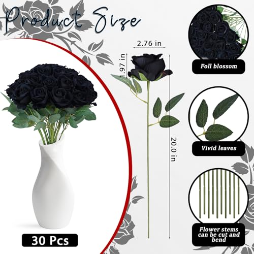 30pcs Fake Roses Artificial Silk Flowers Long Stems Bouquet for Wedding Bridal Shower Party Home Decoration (Black) - color: Black
