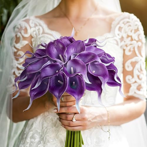 Artificial Calla Lily 12Pcs Purple Real Touch Faux Flowers for Wedding Bouquet, Bride Bridal Shower, Spring Home Kitchen Table Decor, Fake Lilies for Centerpieces, Party Decorations - color: Purple
