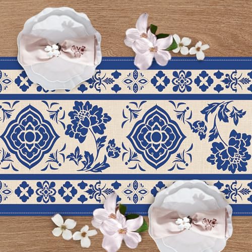Chinoiserie Flower Dining Table Runner, Vintage Blue and White Porcelain Floral Burlap Kitchen Decoration, Farmhouse Retro Indoor Outdoor Home Decor Party Supply 13 x 72 Inches - color: Chinoiserie Flower, size: Table Runner 13''X72''
