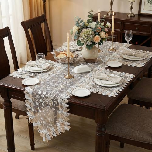 Lace Table Runner Floral Embroidery Fabric Rustic Table Runners Elegant Chic Table Transparent Cover for Home Dining Room Tabletop Decor Wedding Party Dresser (Champagne&White, 40 x 40 Inch(Round)) - color: Champagne&white, size: 40 x 40 Inch