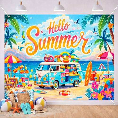 BlissYard Summer Beach Party Backdrop 8x6ft Hello Summer Coastal Van Theme Tropical Ocean Seaside Photo Booth Background for Birthday Pool Party Luau Vacation Event Indoor Outdoor Decoration - color: Summer Beach#03