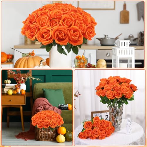 72 Pcs Artificial Roses Burnt Orange Fake Silk Roses Realistic Roses Faux Flower Indoor Wedding Home Decor, Birthday Decorations - color: Burnt Orange