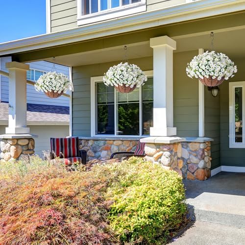 Ivydale Artificial Fake Hanging Flowers Plants Baskets for Outdoor Spring Summer Decoration, Faux Silk White Morning Glory Look Real UV Resistant for Outside Porch Patio Balcony Yard Front Door Garden - color: White