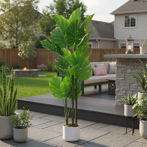 3.6FT Artificial Monstera Deliciosa Plant in White Tall Planter, 43"H Fake Decorative Evergreen Potted Swiss Cheese Floor Tree, Indoor Faux Tropical Plants for Living Room Porch Entryway Office Decor