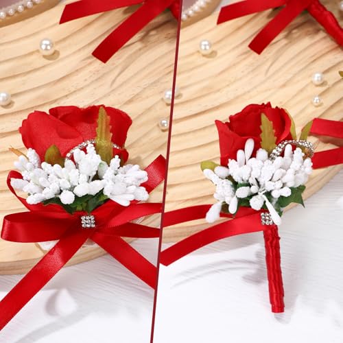 Geosar 20 Pcs Wedding Red Corsage and Boutonniere Set Homecoming Artificial Corsage Wristlet and Boutonniere for Men Women Bride Bridesmaid Wedding Flowers Accessories Prom Suit Decorations - color: Red