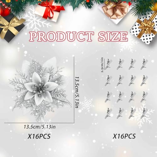 16Pcs Silver Poinsettia Flowers Artificial Christmas Flowers Decorations with Clips, Glitter Poinsettia Christmas Decorations for Xmas Tree Ornaments Winter Party Wreath Decor - size: 16PC Silver Poinsettia