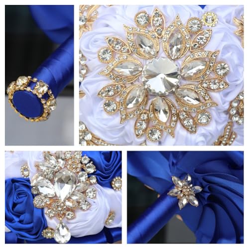 7.5in Handmade Wedding Bouquet with Luxury Gold Rhinestone Brooch Satin Rose Flower Bridal Bouquet for Bride Bridesmaid Quinceanera Wedding Bouquet White and Royal Blue - color: White & Royal Blue, size: Medium (DIA. 7.5"/19cm)