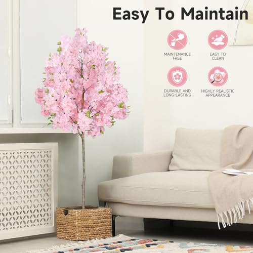 6FT Pink Artificial Cherry Blossom Tree, Realistic Potted Faux Cherry Tree, Silk Flower Fake Tree, Artificial Plants for Home Office Wedding Party Indoor Outdoor Front Door Decoration - size: 6FT